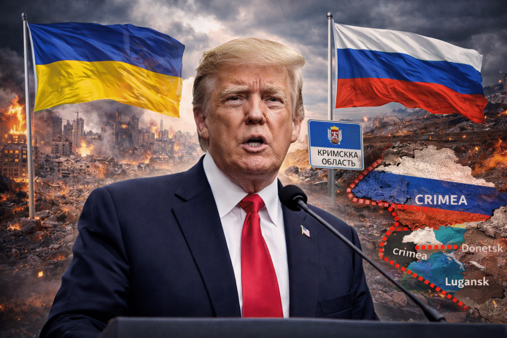 A digitally composed image of former President Donald Trump speaking about the Ukraine conflict, with the Ukrainian and Russian flags behind him. The background shows a cityscape in flames, and a map highlighting Crimea, Donetsk, and Lugansk under Russian control.