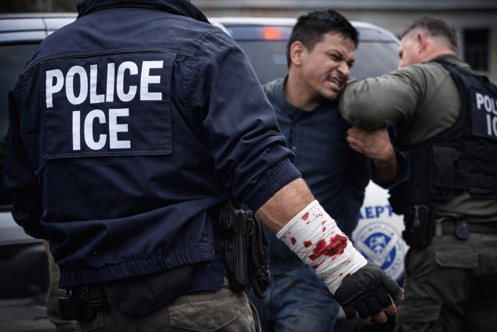 ICE officers restrain a suspect during an arrest in Louisiana, with one officer wearing a blood-stained bandage on his hand near a DHS vehicle, illustrating an assault on law enforcement during immigration enforcement.