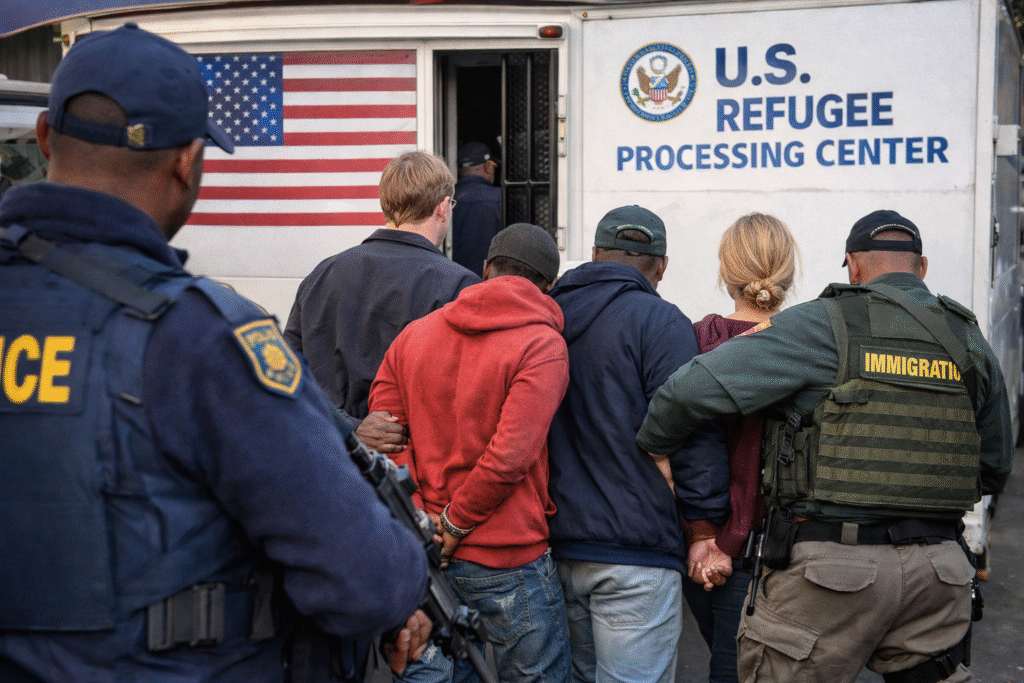 South African immigration officers escort detained workers outside a U.S. refugee processing center in Johannesburg, with law enforcement present near the facility entrance.