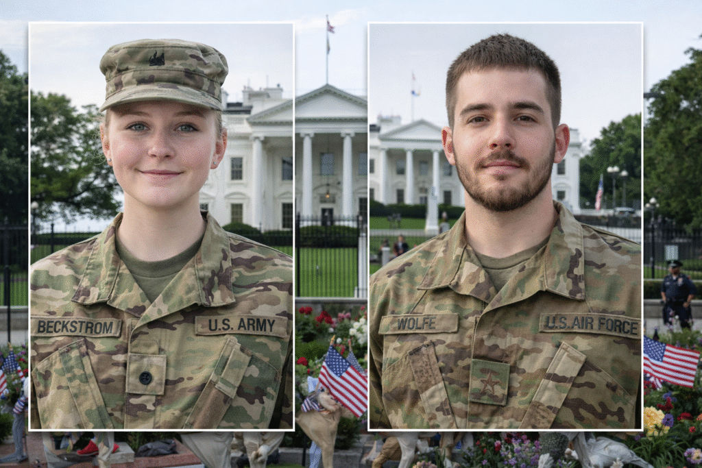 Portraits of two National Guard service members in uniform standing near the White House, with American flags and a memorial visible in the background.