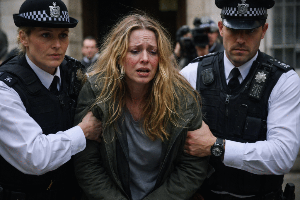 Distressed woman escorted by police officers outside a courthouse, head lowered and expression somber, with a blurred legal building and media presence in the background.