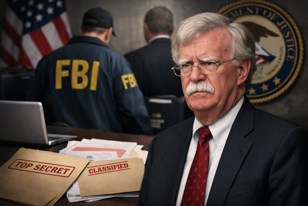John Bolton standing in a federal office setting with FBI agents in the background and classified document folders on a desk, conveying a national security investigation scene.