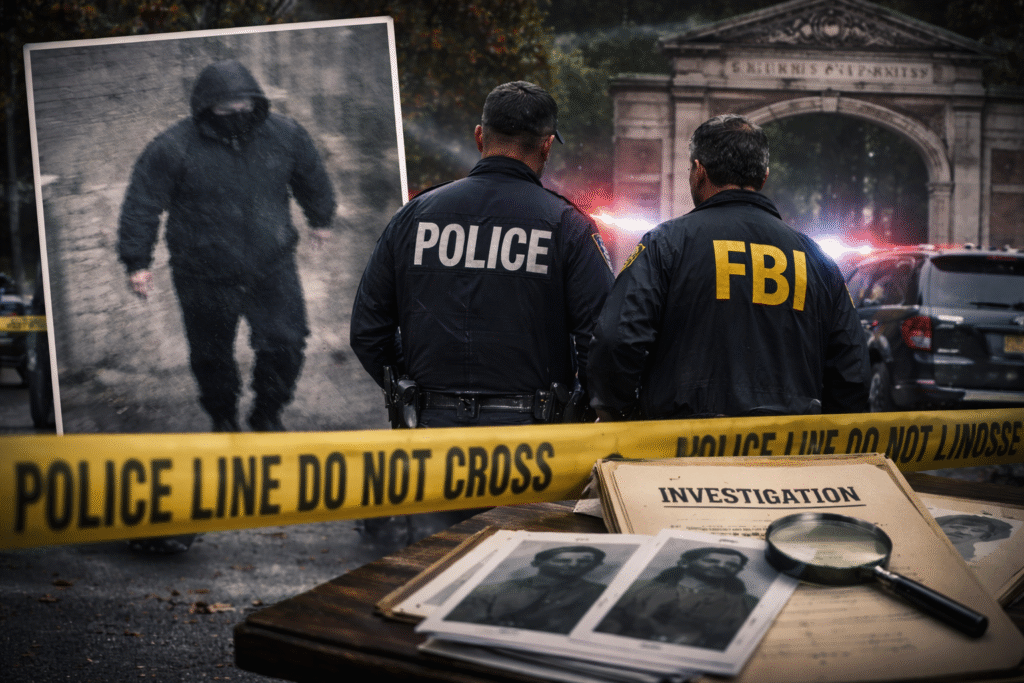 Police and FBI officers stand behind crime scene tape near the entrance of Brown University, with blurred surveillance footage of a hooded suspect and investigation files on a table in the foreground, illustrating an active campus shooting investigation.
