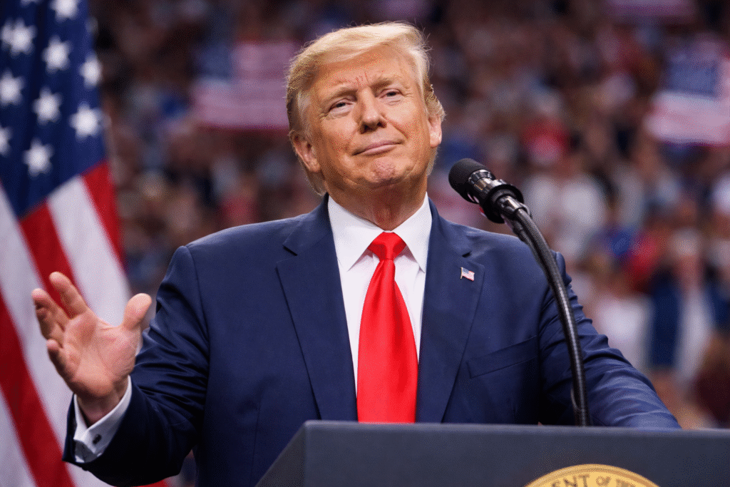 Former U.S. President Donald Trump speaking at a rally podium with an American flag backdrop, addressing a crowd in a calm, controlled manner.