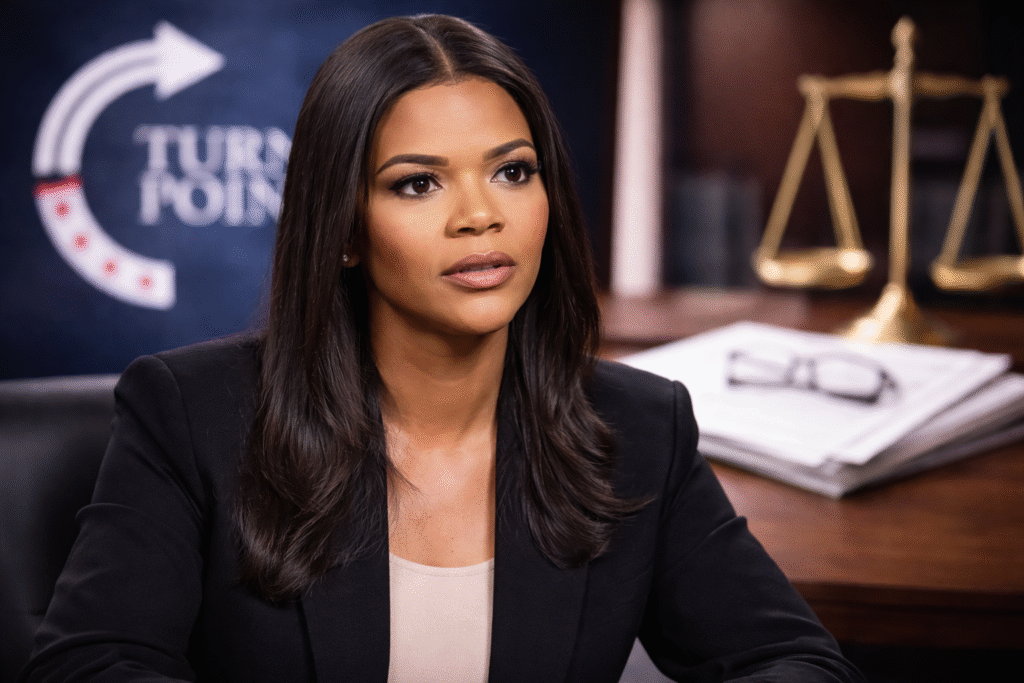 Candace Owens speaking in a studio setting, seated at a desk with legal documents and scales of justice in the background, discussing her meeting with Turning Point USA leadership.