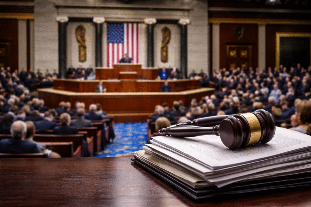 U.S. House of Representatives chamber with an American flag behind the Speaker’s podium and a gavel resting on documents in the foreground, symbolizing congressional votes on war powers.