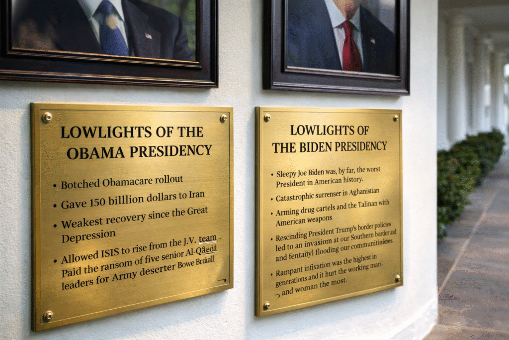 Brass plaques mounted beneath presidential portraits along the White House West Wing colonnade, listing biographical notes and controversial moments from the Obama and Biden administrations.