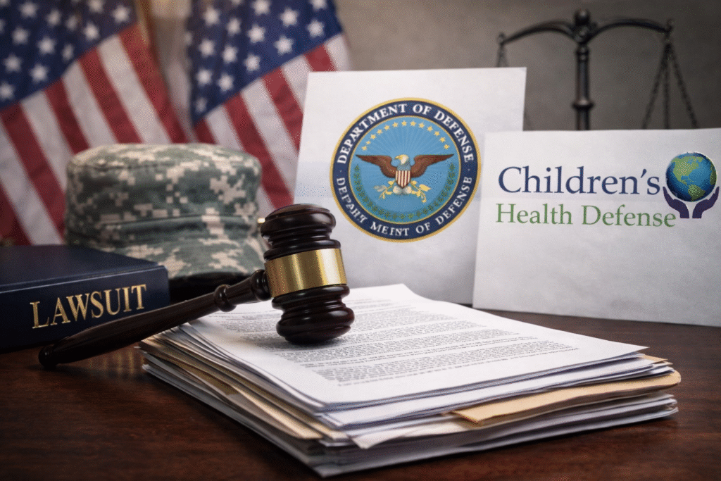 Legal documents with a judge’s gavel in the foreground, alongside U.S. military imagery and Children’s Health Defense branding, symbolizing a lawsuit challenging Department of Defense vaccine policies
