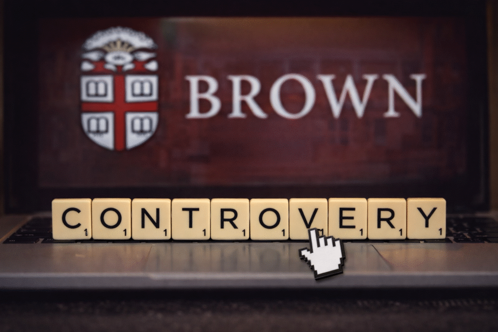 Scrabble-style tiles spelling “controversy” in the foreground, with a blurred Brown University sign in the background, symbolizing public scrutiny over the university’s handling of an ongoing investigation.