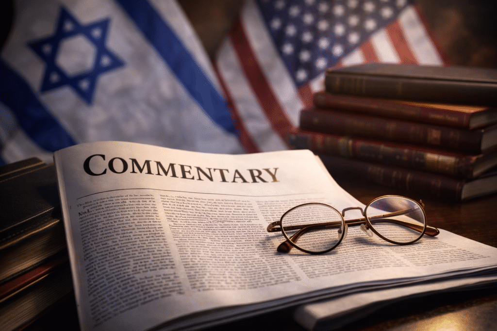 Open copy of Commentary magazine with reading glasses resting on the pages, surrounded by stacked books and blurred American and Israeli flags in the background, symbolizing intellectual and political legacy.