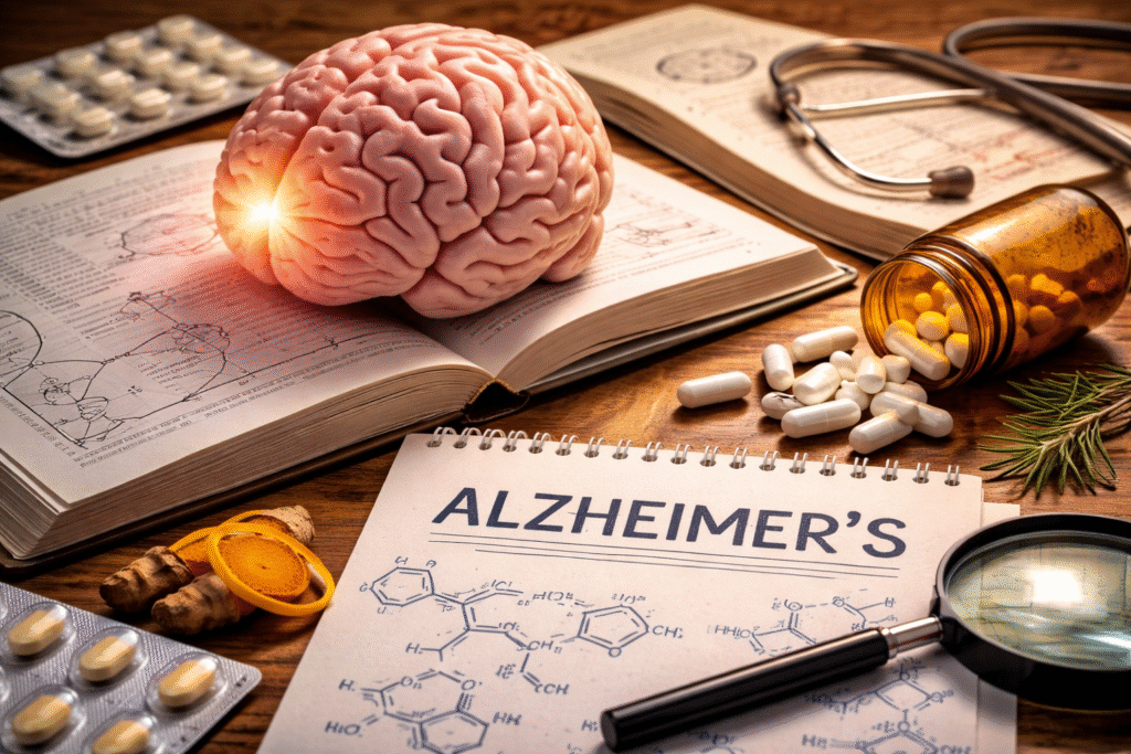 Symbolic Alzheimer’s research scene with a brain model on open medical books, spilled prescription pills, herbal elements, and scientific notes, representing alternative approaches to understanding and treating cognitive decline.