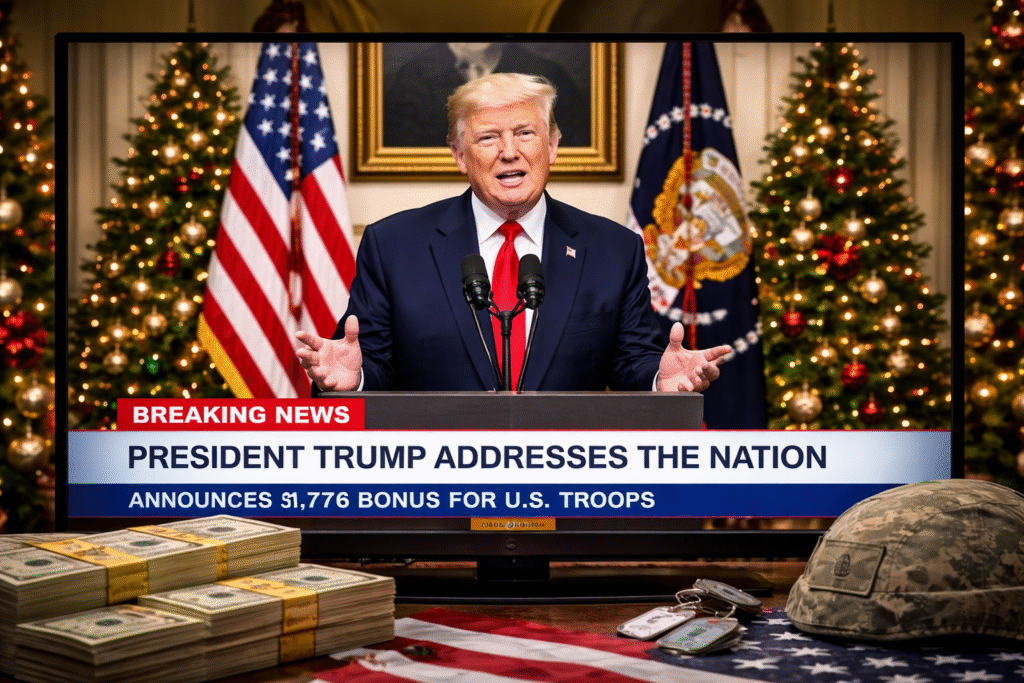 Televised scene of President Donald Trump delivering a White House address with holiday decorations and American flags behind him, symbolizing a prime-time speech announcing a Christmas bonus for U.S. troops.