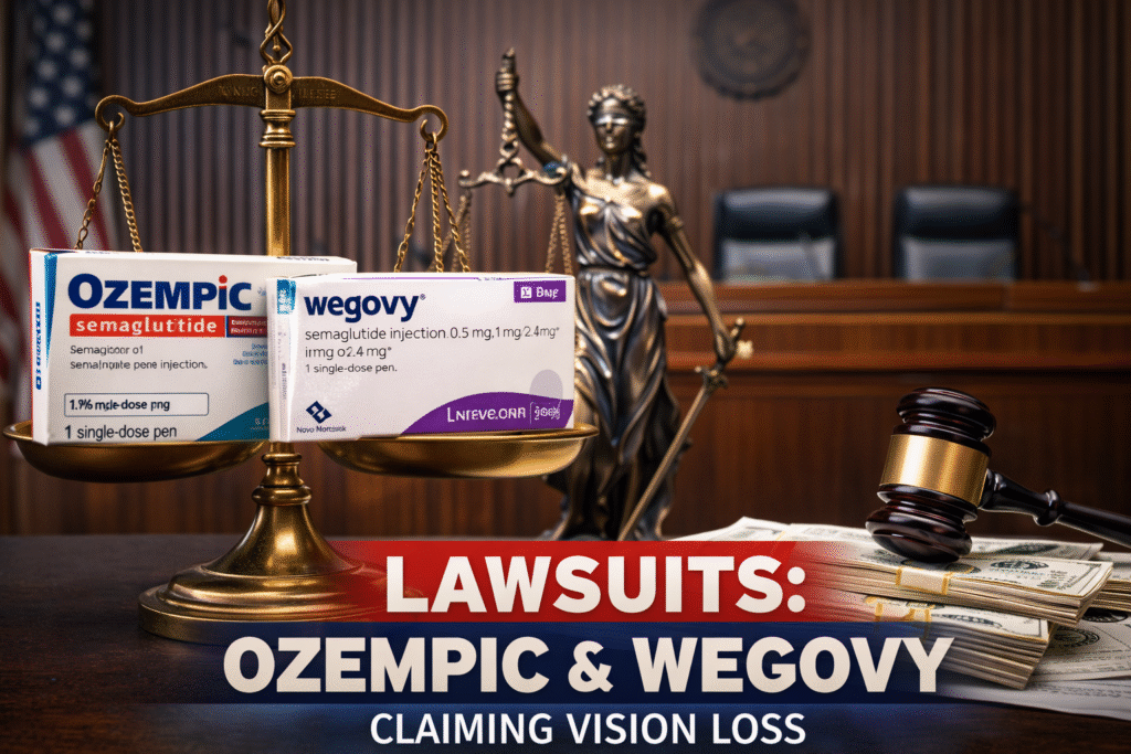 Courtroom-themed image showing a balance scale holding Ozempic and Wegovy medication boxes, with a gavel, legal documents, and a Lady Justice statue in the background, symbolizing federal lawsuits over alleged vision loss.