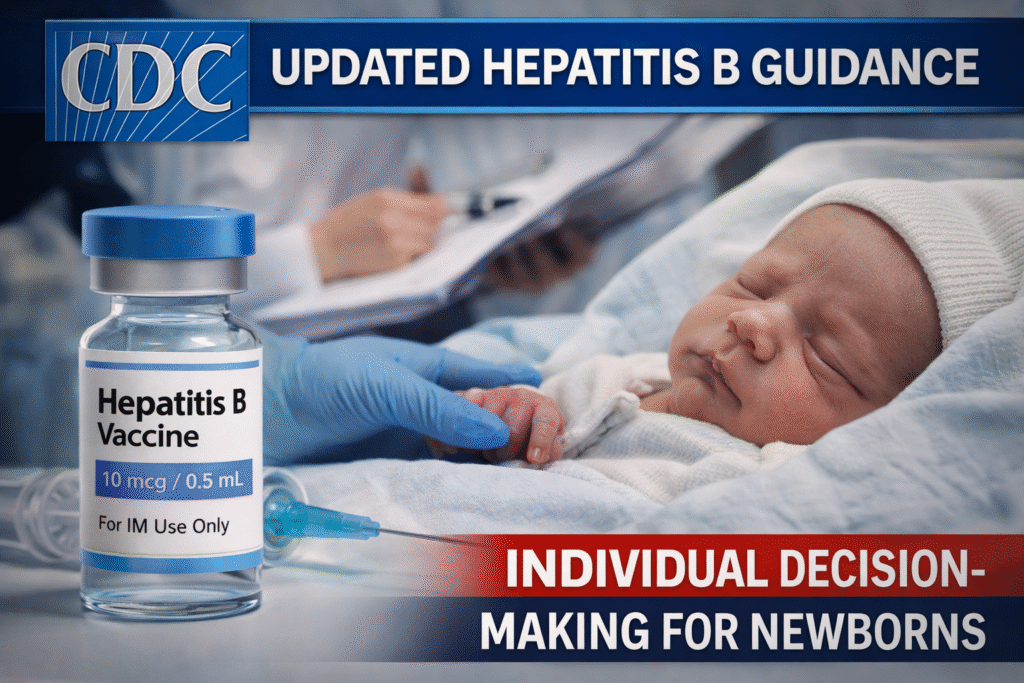 Newborn baby sleeping in a hospital setting beside a hepatitis B vaccine vial and syringe, with a medical professional’s gloved hand nearby, representing updated CDC guidance on individualized newborn vaccination decisions.