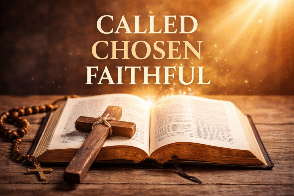 An open Bible resting on a wooden table with a wooden cross laid across its pages, a rosary beside it, and warm golden light illuminating the scene to symbolize faith, devotion, and Christian discipleship.