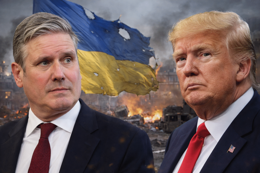Composite image showing UK Prime Minister Keir Starmer and former U.S. President Donald Trump with a damaged Ukrainian flag and war-torn urban scene in the background.