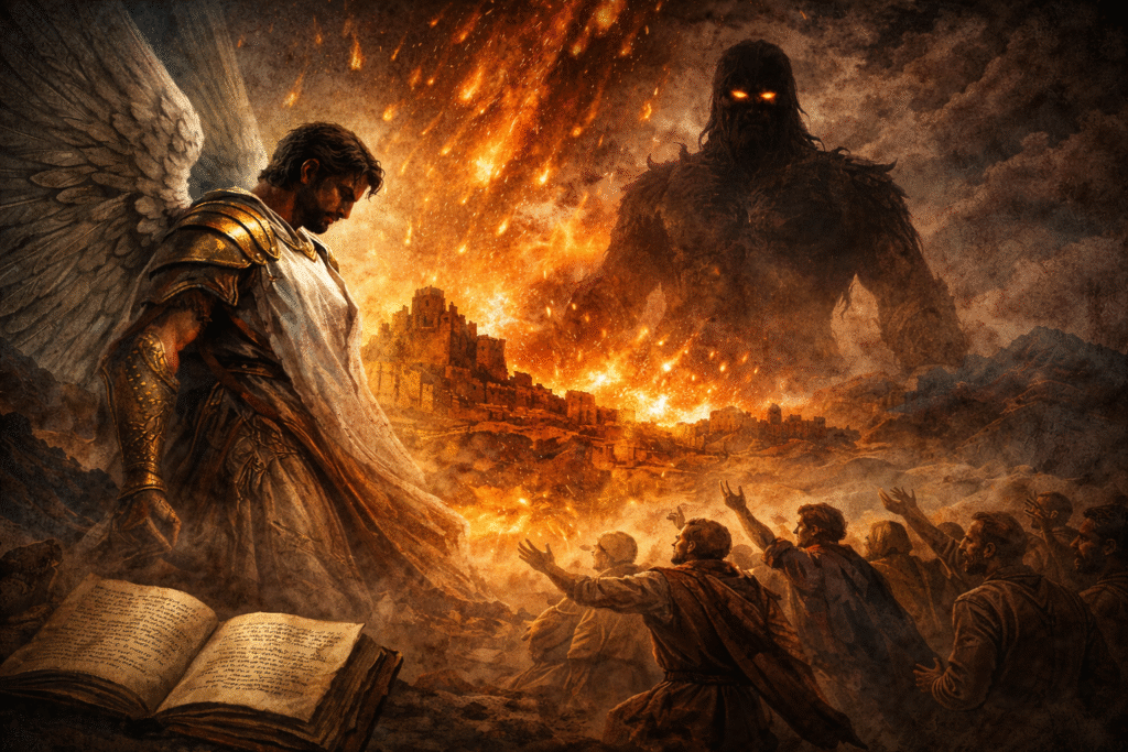 A dramatic biblical scene showing a burning ancient city under fire from the sky, with a solemn winged angel in the foreground and a towering shadowy giant figure looming above, while people below reach upward amid flames and destruction.
