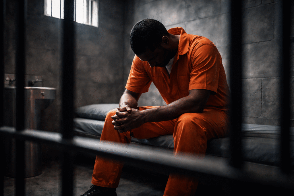 A man with dark skin sits on a jail cell bunk wearing an orange prison jumpsuit, head bowed and face obscured, hands clasped, with concrete walls and metal bars visible in dim lighting.