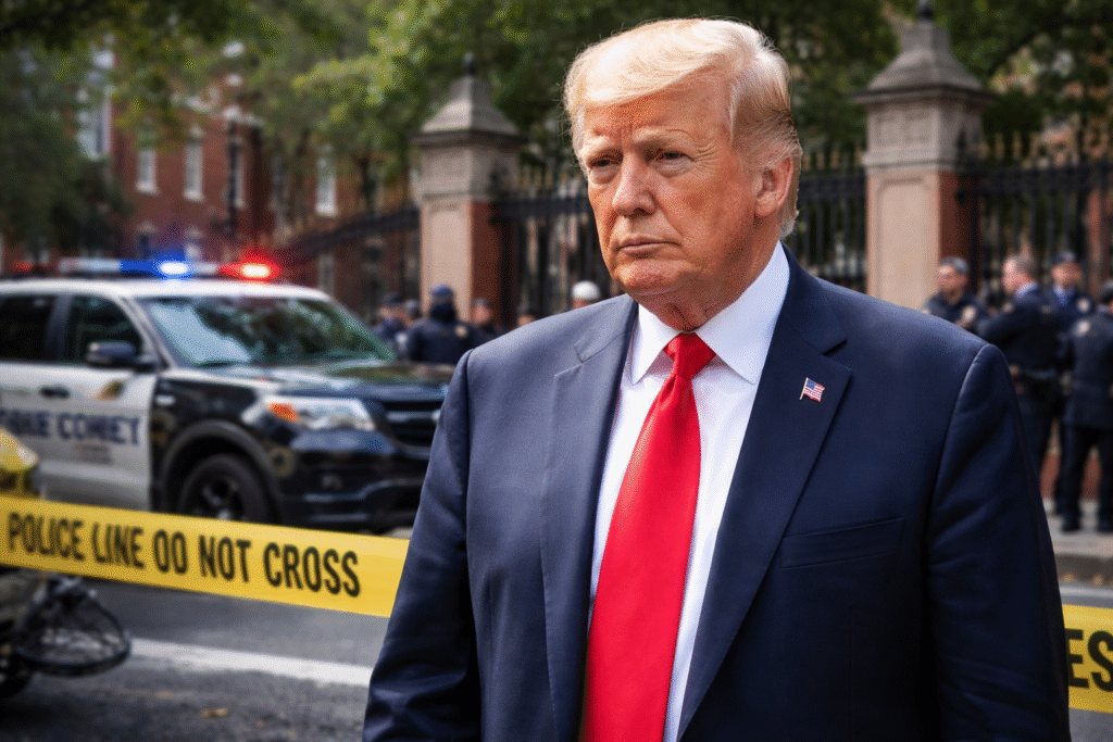 President Donald Trump standing outside a university campus with police vehicles and crime scene tape visible in the background following a mass shooting.