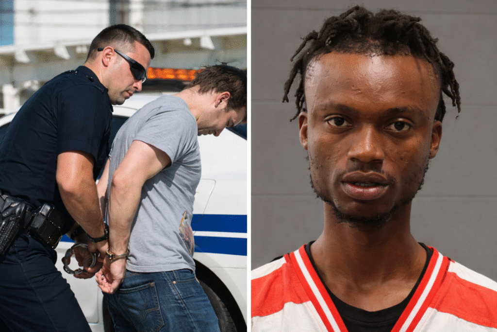 Side-by-side image showing a white man being arrested by police near a patrol car and a booking photo of Mohamed Mansarry, the suspect charged in the Sioux Falls terrorist threat case.