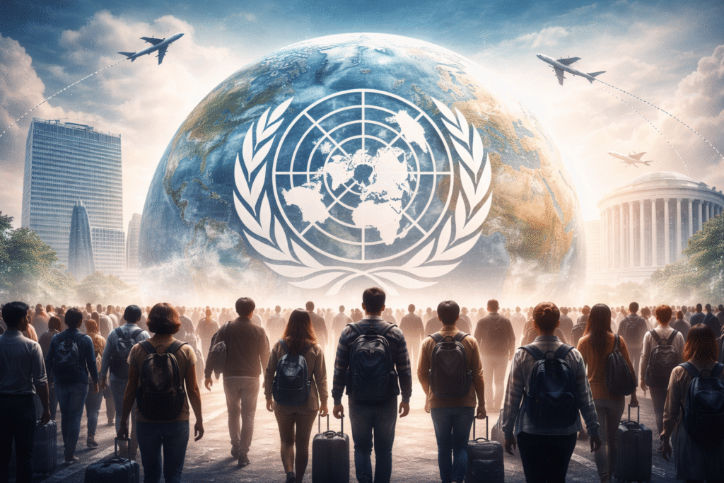 A large group of people with luggage walking toward a glowing globe displaying the United Nations emblem, with aircraft overhead and international buildings in the background, symbolizing global migration and demographic change.