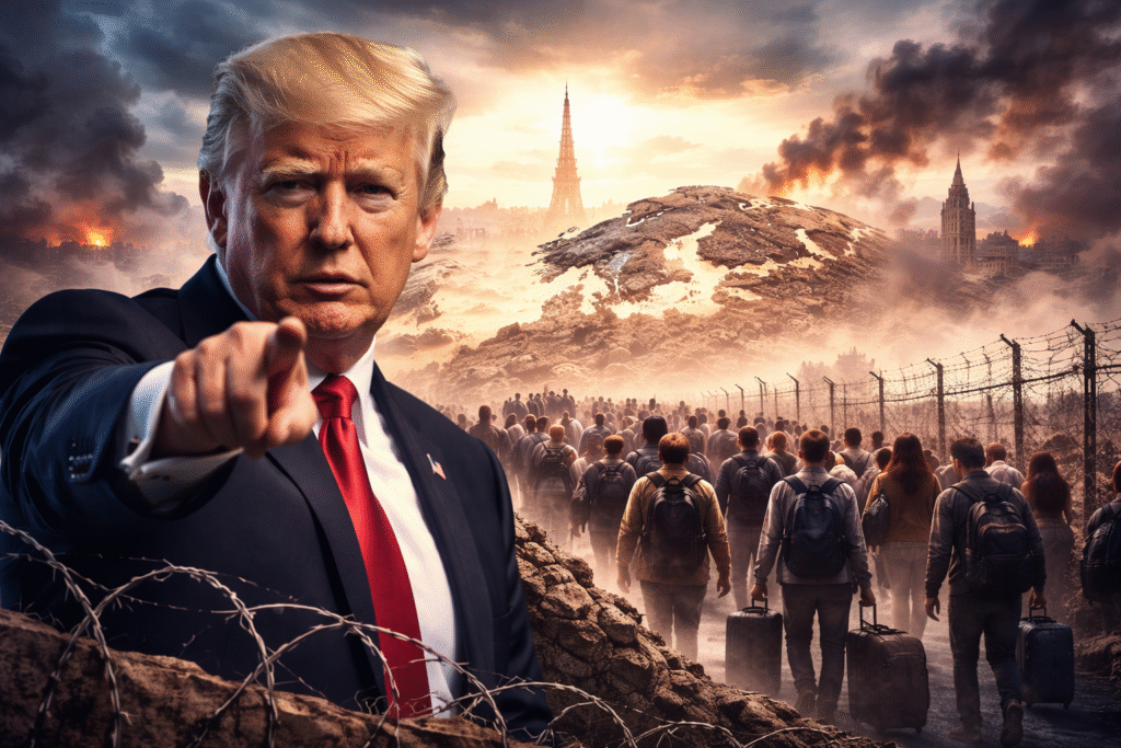 Donald Trump standing in the foreground pointing forward, with crowds of migrants walking along a fenced border and damaged European landmarks in the background, illustrating concerns over mass migration and European stability.