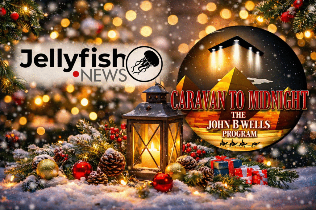 Festive Christmas scene featuring Jellyfish News and Caravan to Midnight logos set among snow-covered pine branches, glowing lantern, holiday ornaments, wrapped gifts, and warm golden lights in a winter setting.