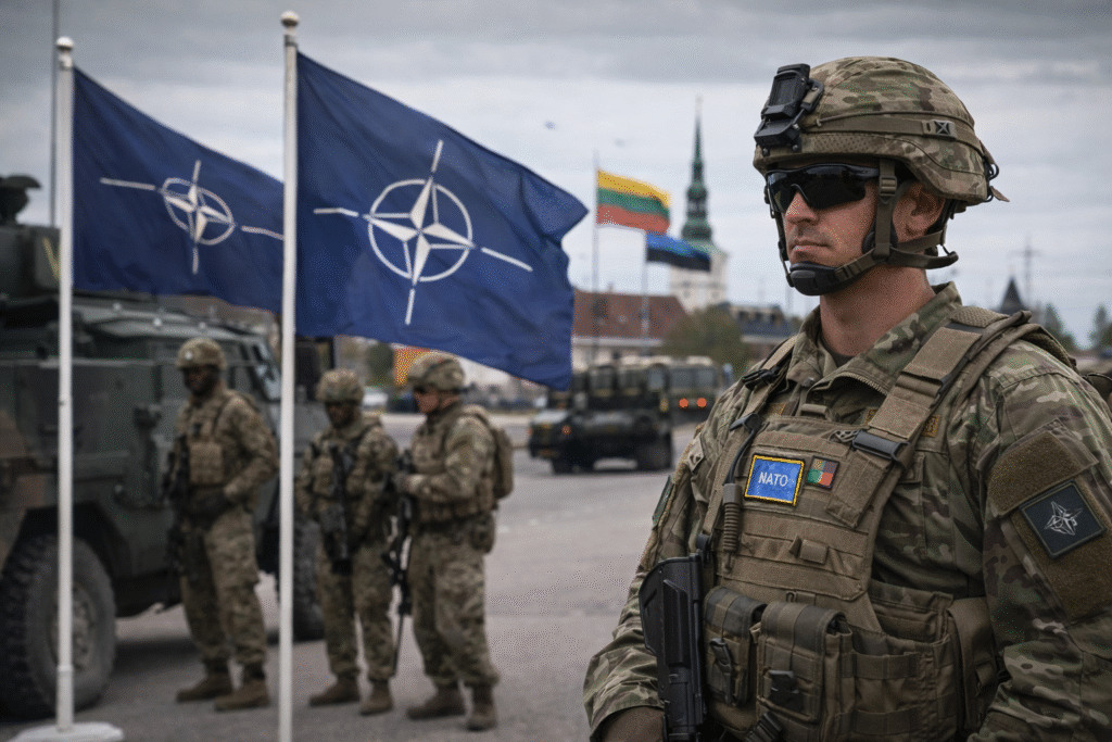 NATO soldiers in camouflage gear standing in the Baltic region during a military deployment, with NATO flags, armored vehicles, and Baltic national flags visible in the background.