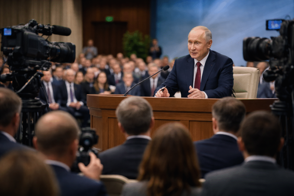 Russian President Vladimir Putin speaking at a year-end press conference in Moscow, seated behind a podium with journalists, cameras, and audience members visible in the conference hall.