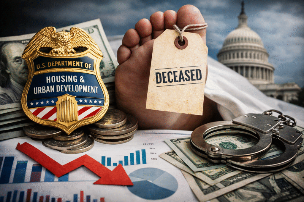A Department of Housing and Urban Development badge resting on U.S. dollar bills beside a toe tag labeled “deceased,” with handcuffs, financial charts, and the U.S. Capitol dome in the background, symbolizing alleged government fraud and misuse of taxpayer funds.