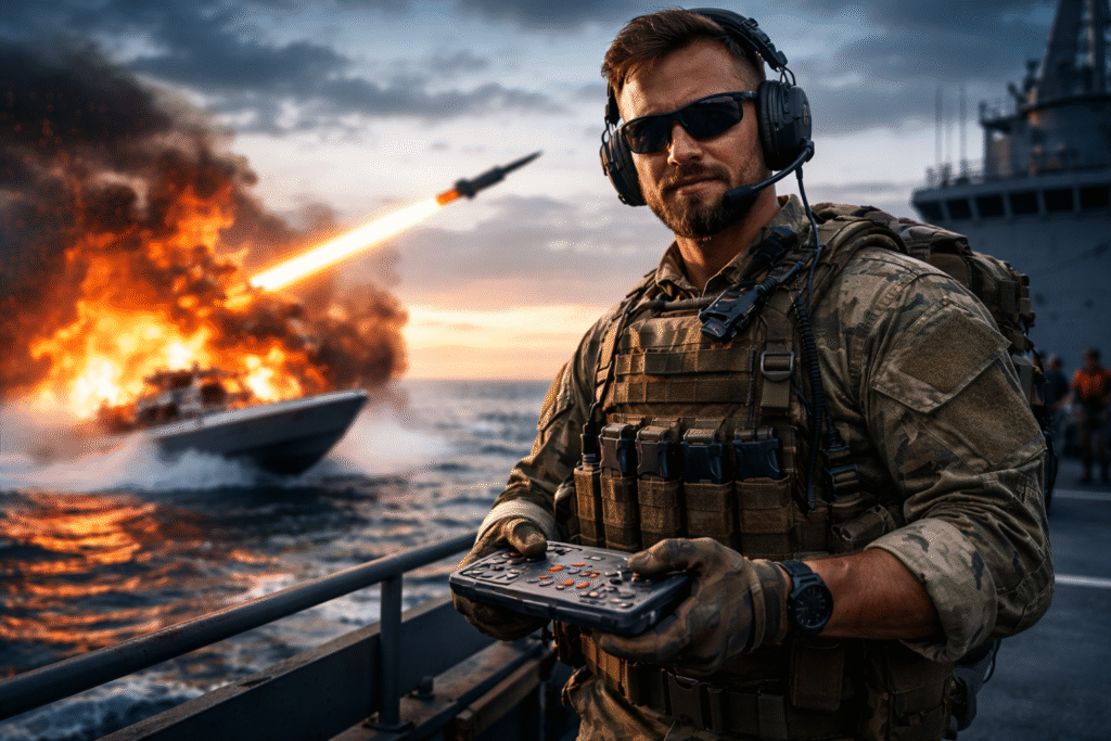 U.S. military operator in tactical gear holding a drone controller on a naval deck as a missile strikes a fast boat at sea, causing a fiery explosion during a maritime operation.