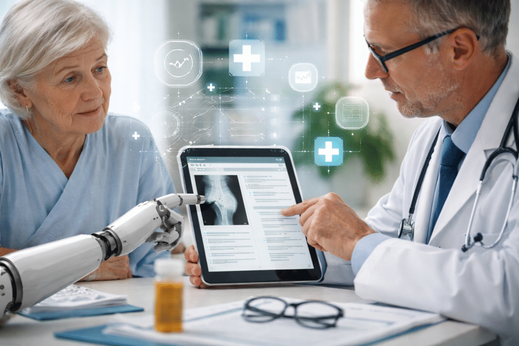 An elderly woman sits with a physician in a medical office as he reviews her records on a tablet, while an AI-based medical analysis display showing an x-ray and brain graphic appears on a nearby screen.