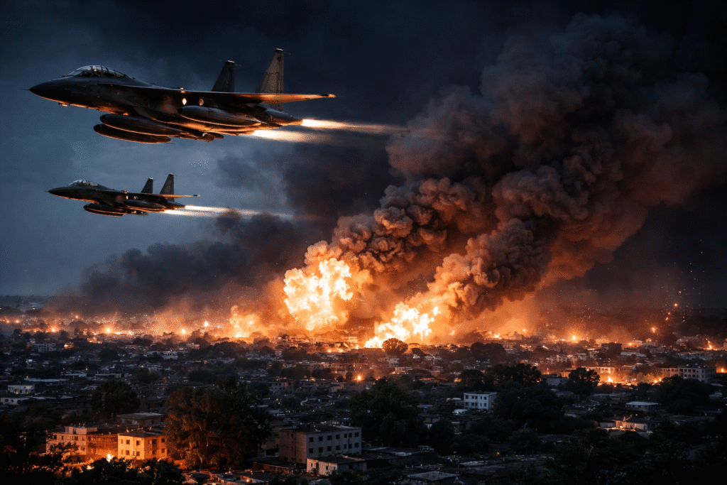 U.S. fighter jets fly at night over a Nigerian city as explosions and fires erupt on the ground below, with thick smoke rising during a military airstrike operation.