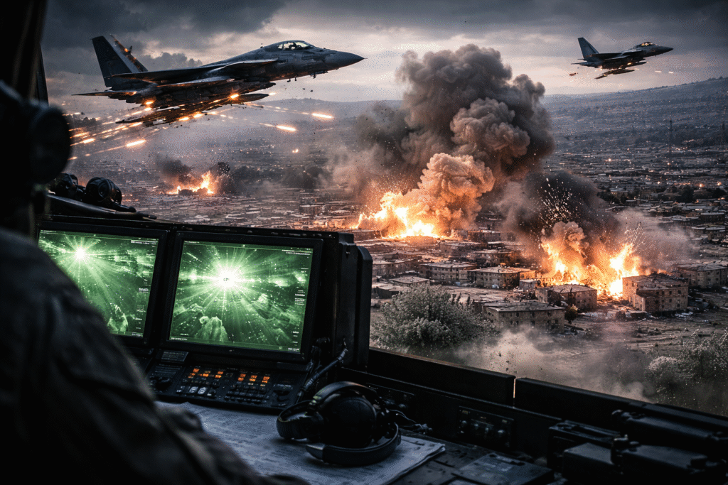 U.S. fighter jets conduct airstrikes over a Syrian urban area as explosions rise from targeted sites, viewed from a military command position monitoring the operation.