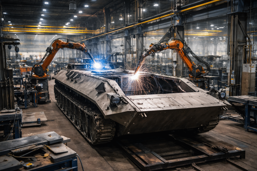 Modernized BMP-1 armored vehicle hull under construction inside a factory, with robotic welding arms working on steel panels during the production process.