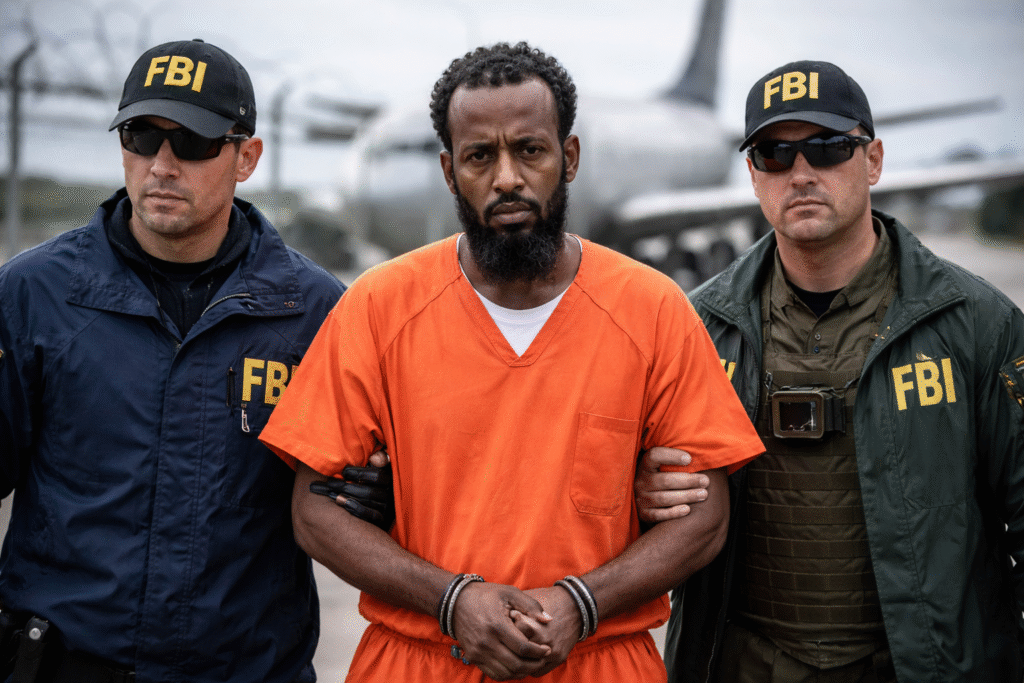 Cholo Abdi Abdullah in an orange prison jumpsuit is escorted by FBI agents in tactical gear, with a commercial aircraft visible in the background.