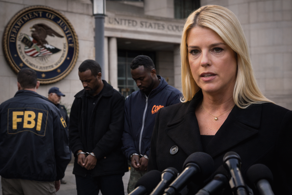 Attorney General Pam Bondi speaking to reporters outside a U.S. courthouse, with FBI agents nearby and three men in handcuffs standing behind her near a Department of Justice seal.