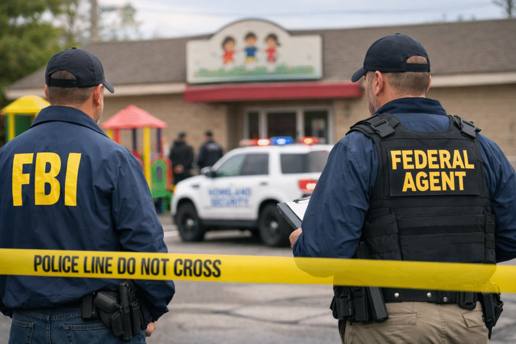 Federal agents stand behind police tape outside a daycare center as part of an investigation, with a police vehicle and playground equipment visible in the background.