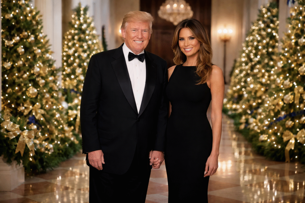 President Donald Trump and First Lady Melania Trump stand holding hands in the Cross Hall of the White House, wearing black formal attire with decorated Christmas trees and holiday lights in the background.