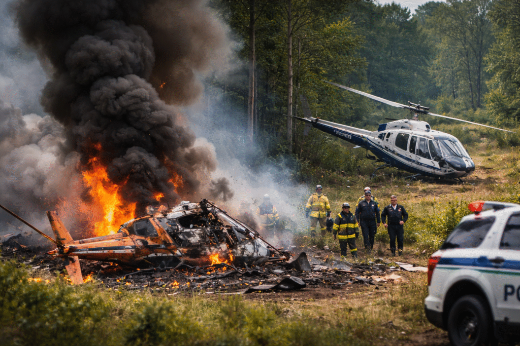 Emergency responders stand near a burning helicopter wreckage while a second damaged helicopter sits in a wooded area after a midair collision in southern New Jersey.