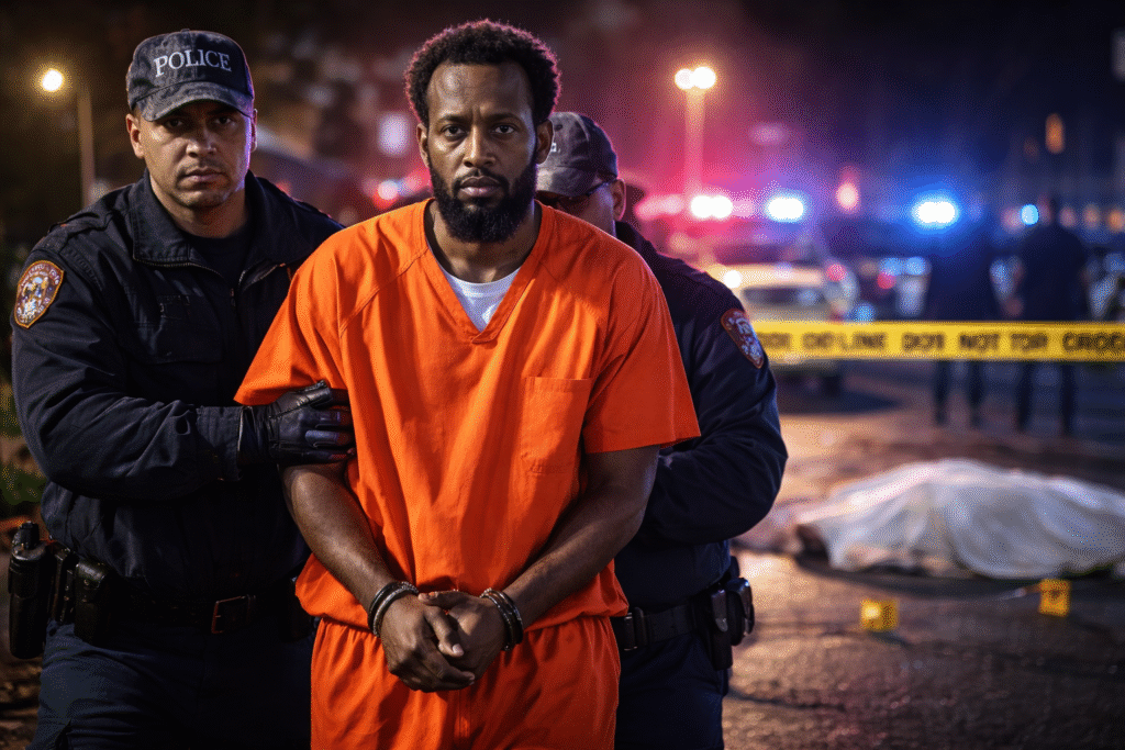 A handcuffed man in an orange jail jumpsuit is escorted by police officers at a nighttime crime scene with flashing lights, police tape, and a covered body visible in the background.