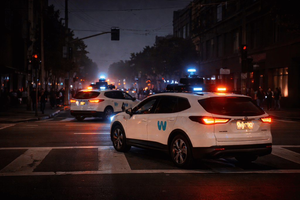 Two white Waymo autonomous vehicles stopped at a dark San Francisco intersection during a power outage, with hazard lights flashing, inactive traffic signals overhead, and pedestrians crossing the street at night.