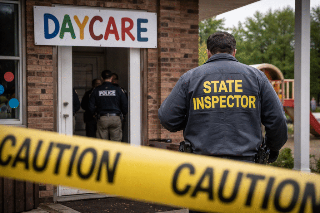 State inspector enters a Minnesota daycare facility marked with a colorful daycare sign as police stand nearby and yellow caution tape blocks the entrance during an official review.