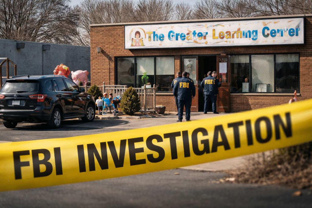 FBI agents stand outside a Minnesota daycare center during an investigation, with yellow FBI investigation tape in the foreground and a playground visible beside the building.