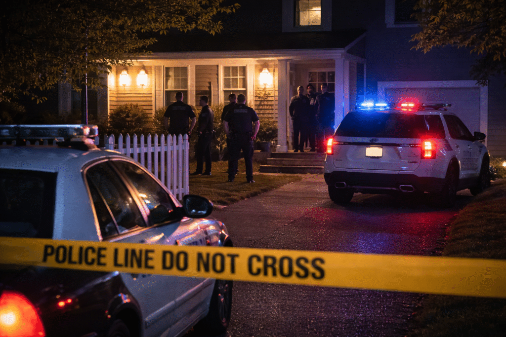Police officers stand outside a suburban home at night behind police tape as patrol vehicles with flashing lights illuminate an active death investigation scene.