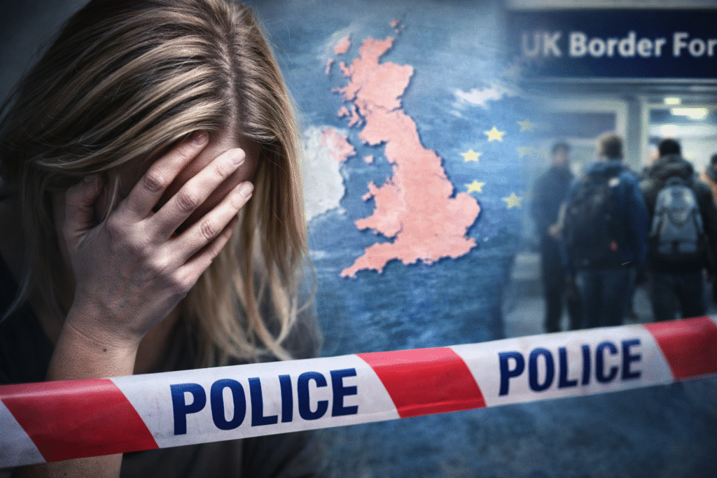 Woman covering her face behind police tape, with a map of the United Kingdom and a UK Border Force setting visible in the background, illustrating a sexual violence investigation context.