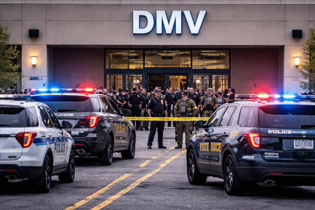 Law enforcement officers secure the scene outside a Delaware DMV building, with police vehicles, crime scene tape, and a large police presence following a deadly shooting.