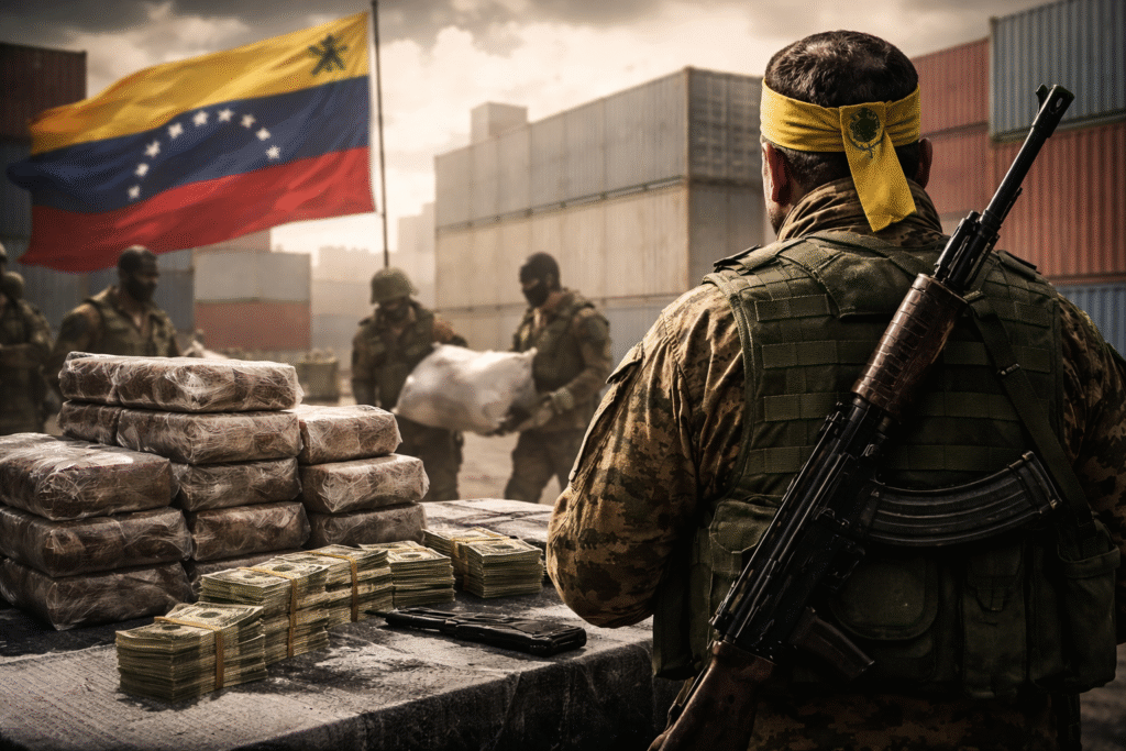Armed men in military clothing stand near stacks of wrapped cocaine bricks and bundles of cash at a shipping container yard in Venezuela, with a Venezuelan flag visible in the background.