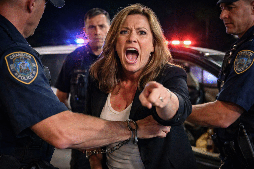 A middle-aged woman is handcuffed by police officers during a nighttime DUI arrest, shouting angrily as officers restrain her beside a patrol car with flashing red and blue lights.