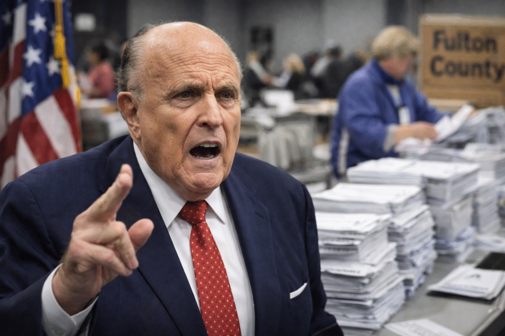 Rudy Giuliani gestures while speaking inside a ballot processing facility, with stacks of ballots and an American flag visible in the background.